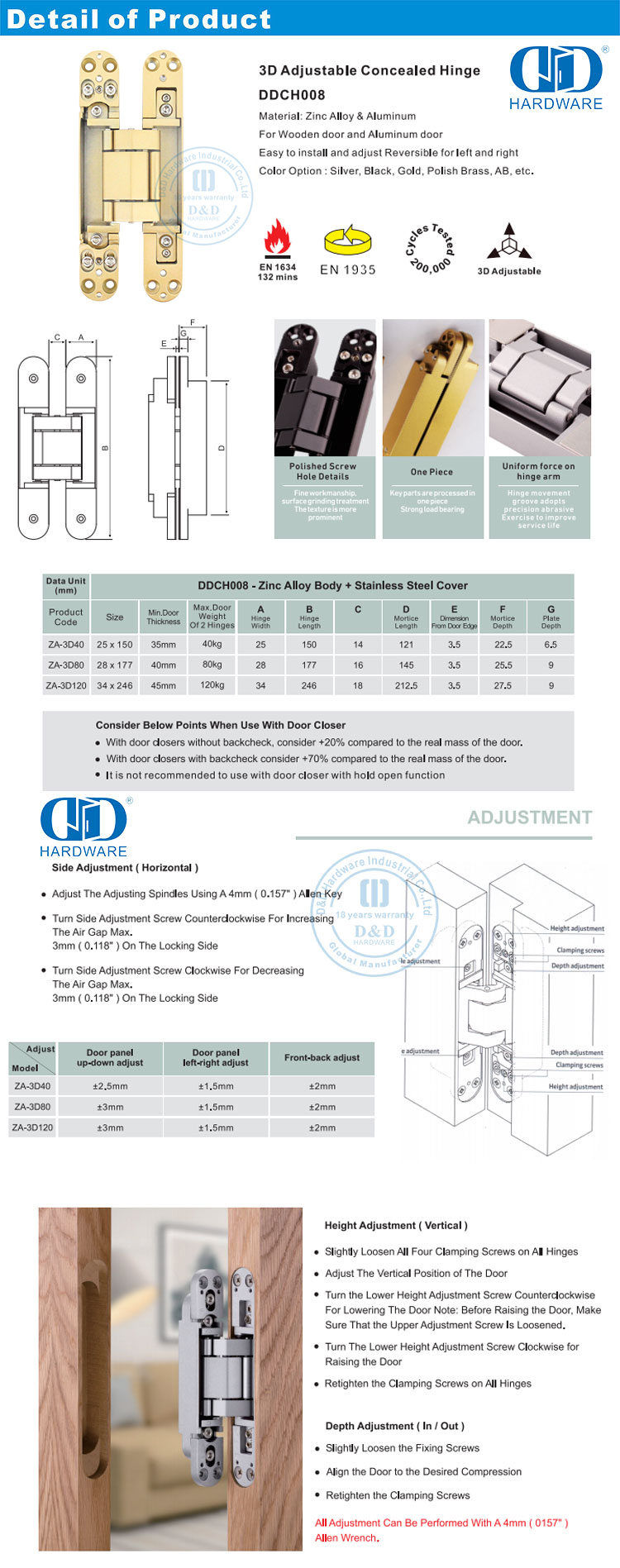 Concealed Door Hinge for Residential Dobradiça de porta oculta para residência