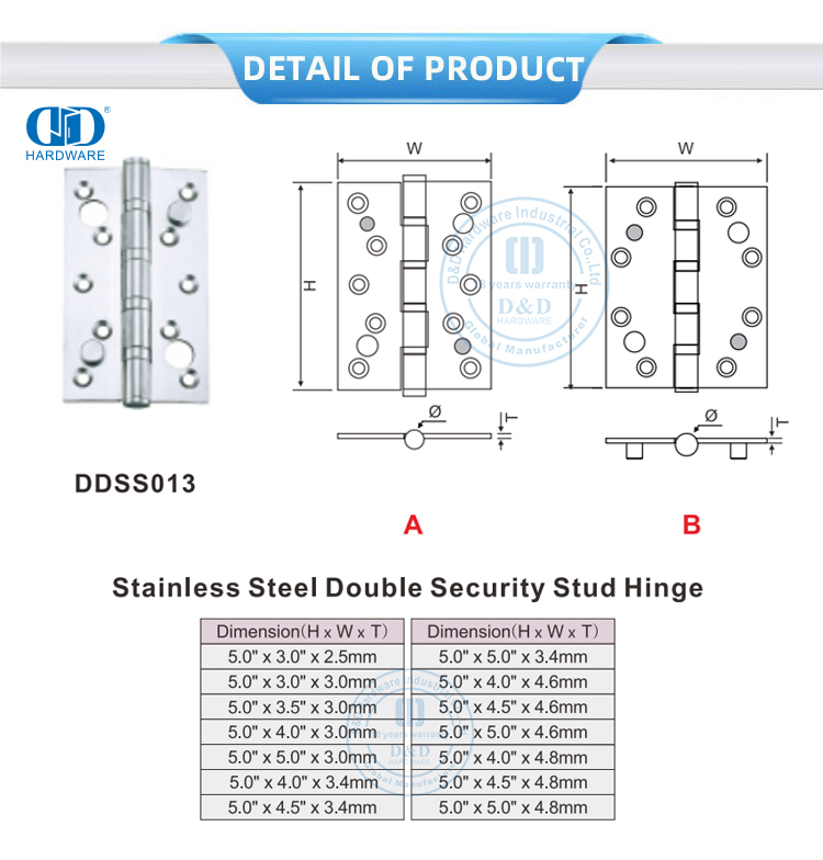 Double Security Stud Hinge Dobradiça dupla de segurança