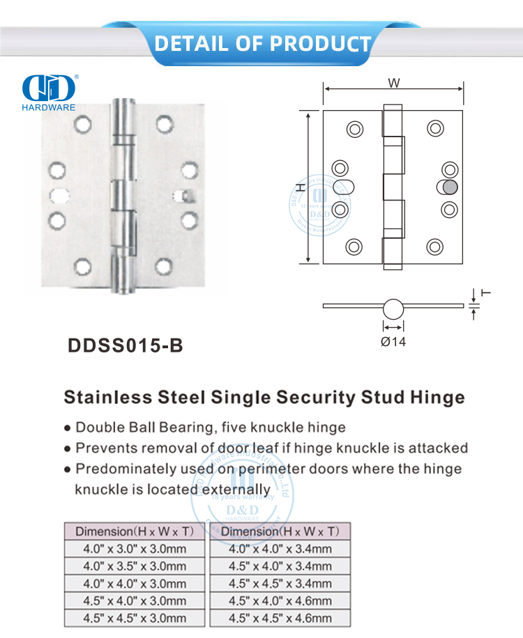 Security Stud Hinge for Entrance Door Dobradiça de segurança para porta de entrada