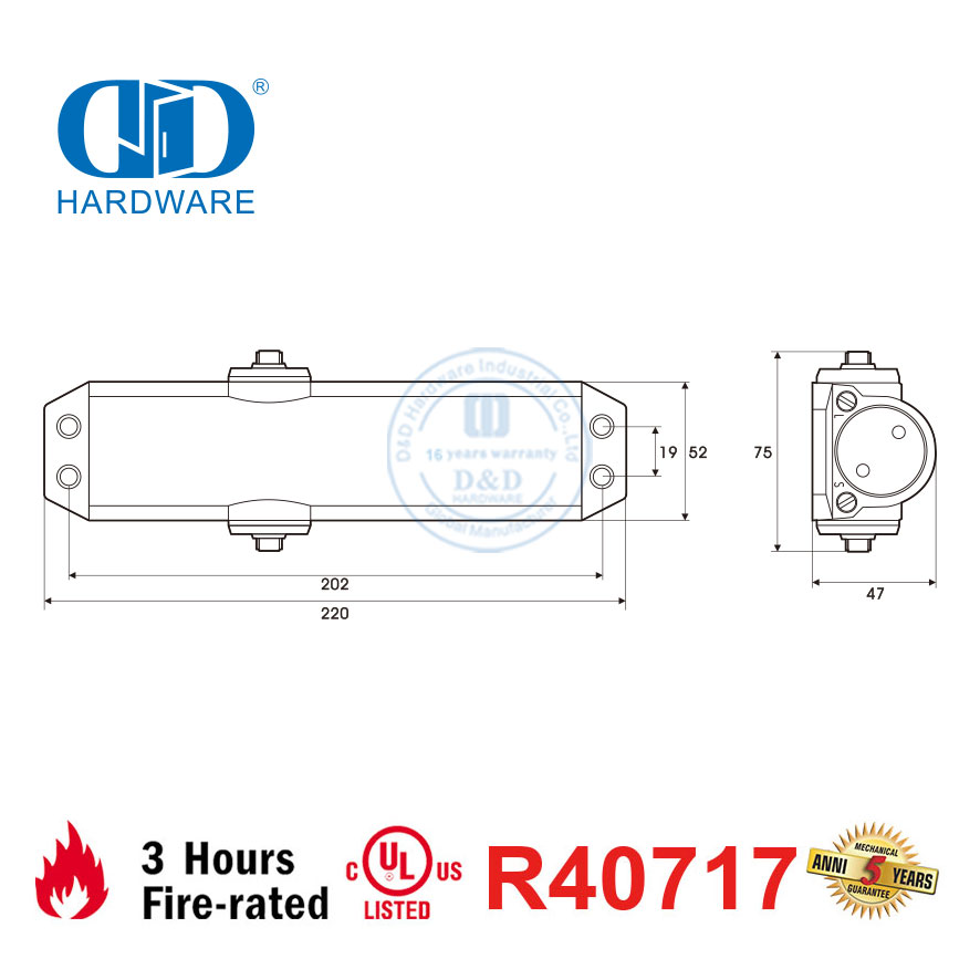 Certificação listada na UL 10C Fechadura de porta hidráulica com classificação de fogo com mecanismo de cremalheira e pinhão-DDDC045