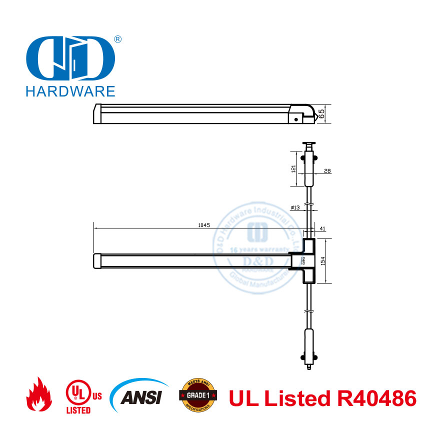 Barra de toque de saída com classificação de fogo de haste vertical para hardware de porta UL-DDPD006-SSS