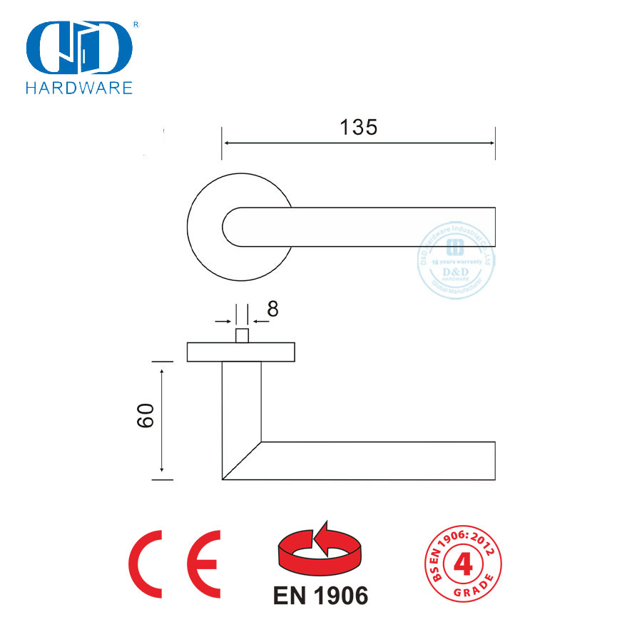 BS EN 1906 Maçanetas de porta com alavanca de montagem comercial de hardware para fechadura de porta-DDTH003-PVD