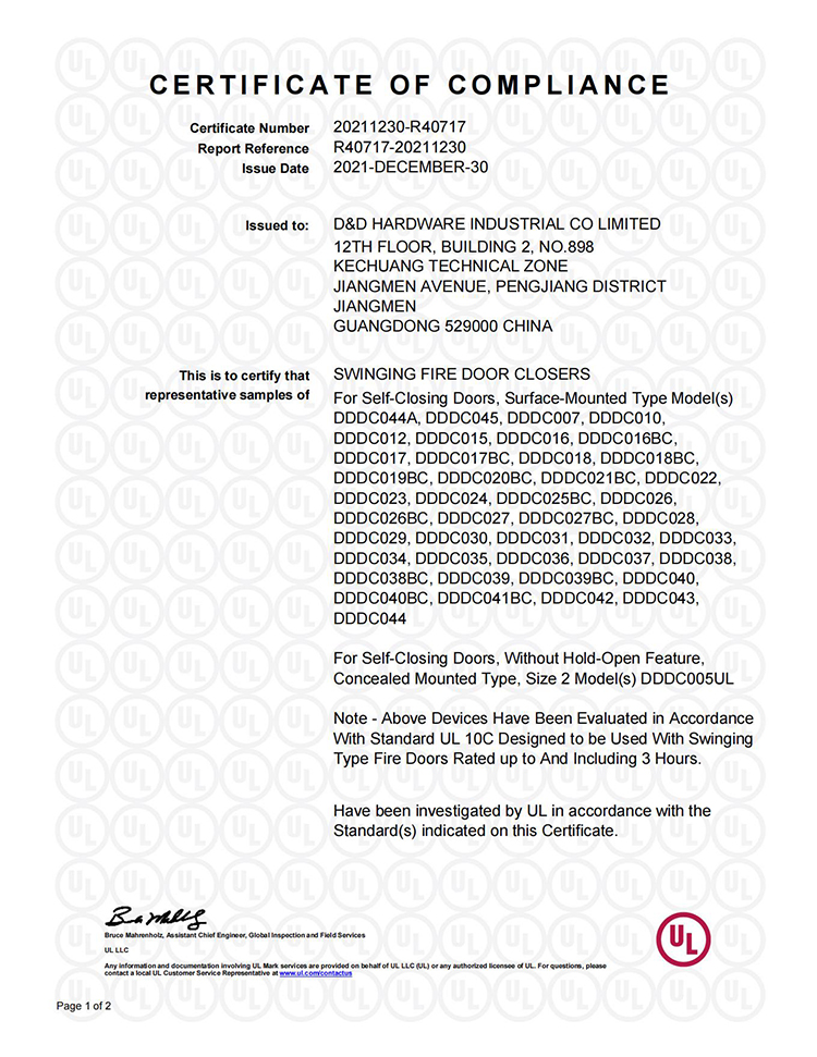Certificação UL de alta segurança Fechador de porta ajustável com classificação de fogo de 3 horas-DDDC017