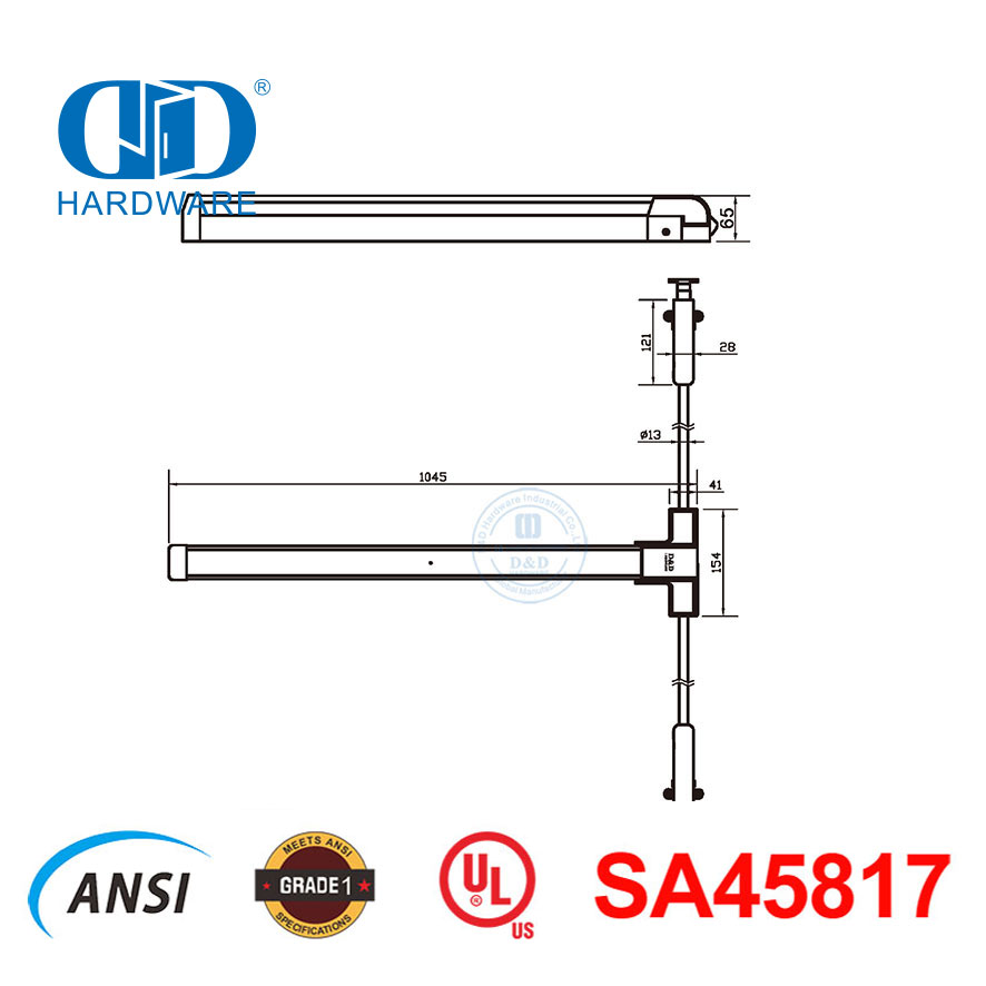 Barra vertical do pânico de Rod dos acessórios da porta de saída de emergência com UL 305-DDPD028-SSS