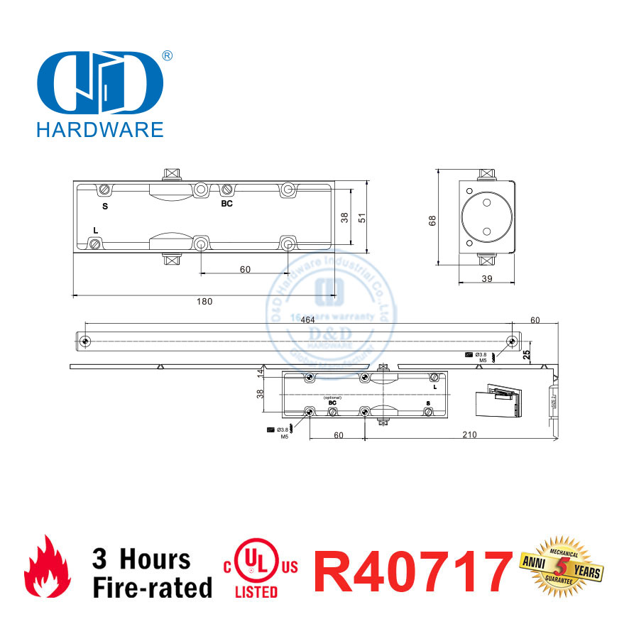 Fechador de porta de serviço médio listado pela UL com classificação de fogo de 3 horas-DDDC010