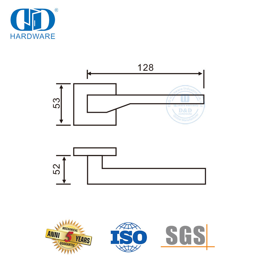 Maçaneta de porta com alavanca sólida para construção de apartamentos com roseta quadrada de aço inoxidável-DDSH048-SSS