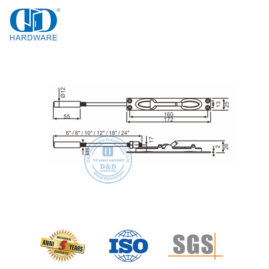 Parafuso nivelado de hardware de porta de metal exterior de aço inoxidável 304-DDDB012-B-SSS