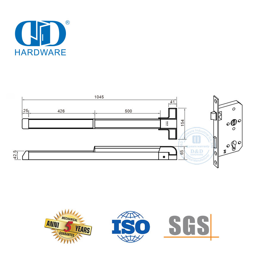 Hardware de porta de saída de pânico entregue em aço inoxidável com fechadura de encaixe-DDPD038-SSS