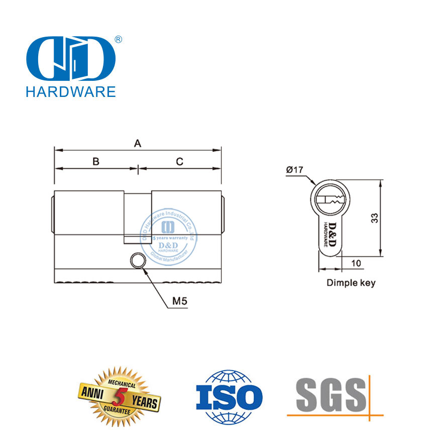 Chave de ondulação de latão sólido de alta segurança Euro Double Lock Cylinder-DDLC023-70mm-SN