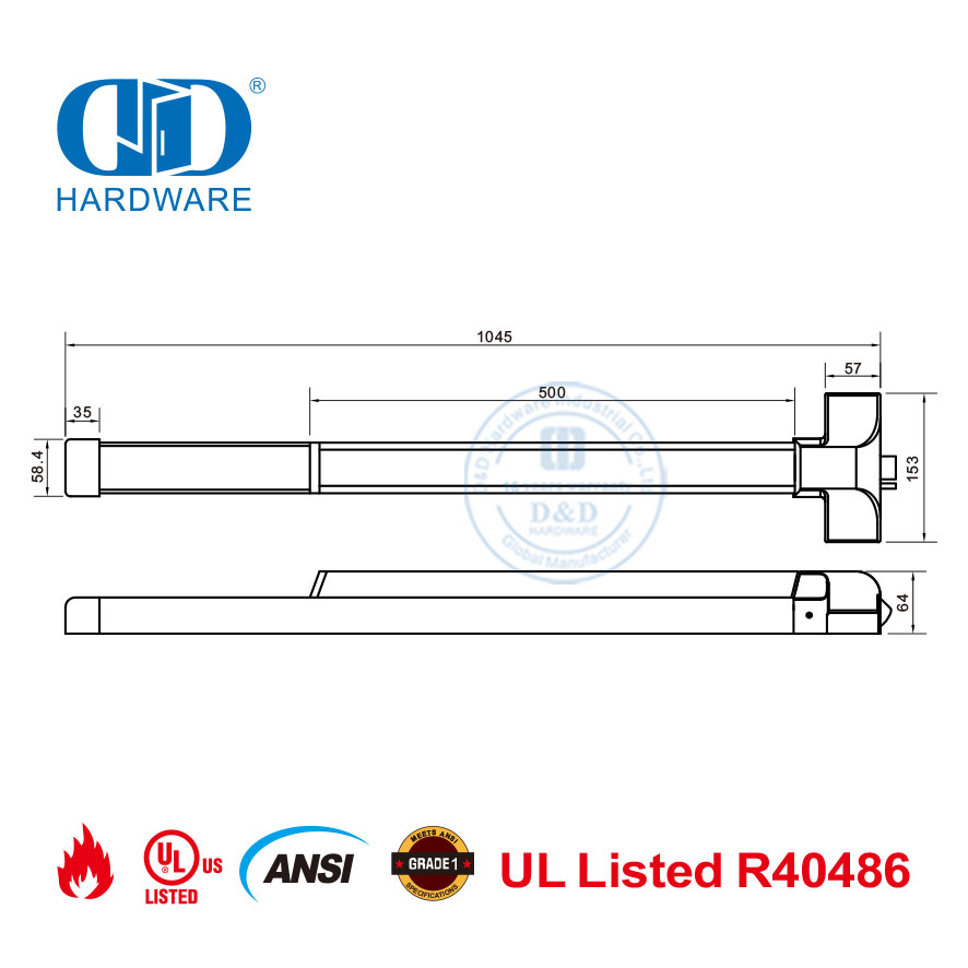 Acessórios de porta com classificação de fogo UL10C listados pela UL Touch Bar Rim Exit Device-DDPD023-SSS