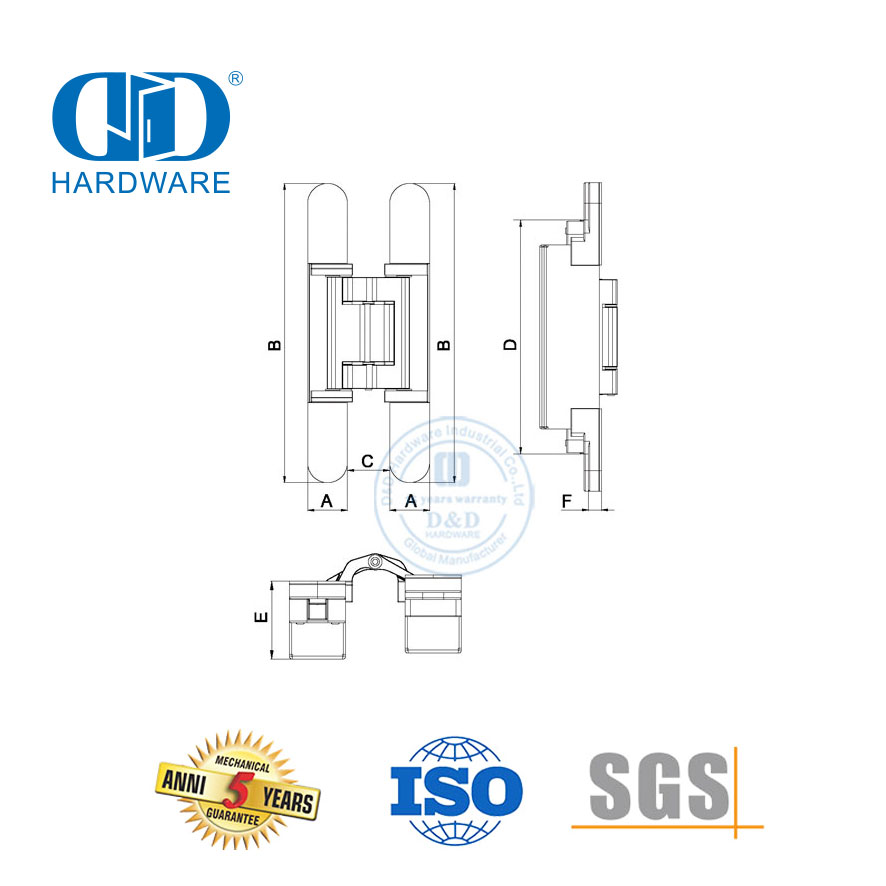 Dobradiça de porta oculta de aço inoxidável de 180 graus 3D ajustável após instalada-DDCH018
