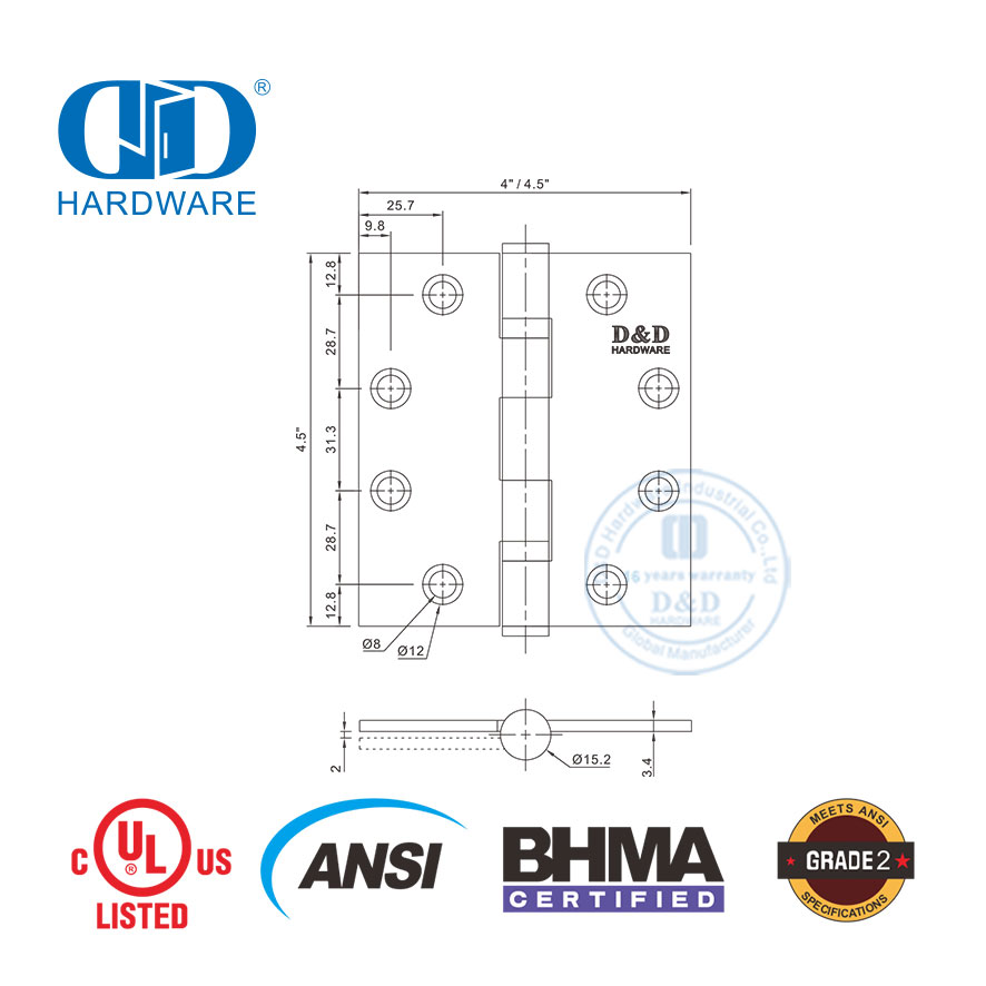Acessórios de alta qualidade Peso padrão BHMA ANSI Grau 2 Dobradiça de porta com classificação de fogo-DDSS001-ANSI-2-4.5x4.5x3.4mm