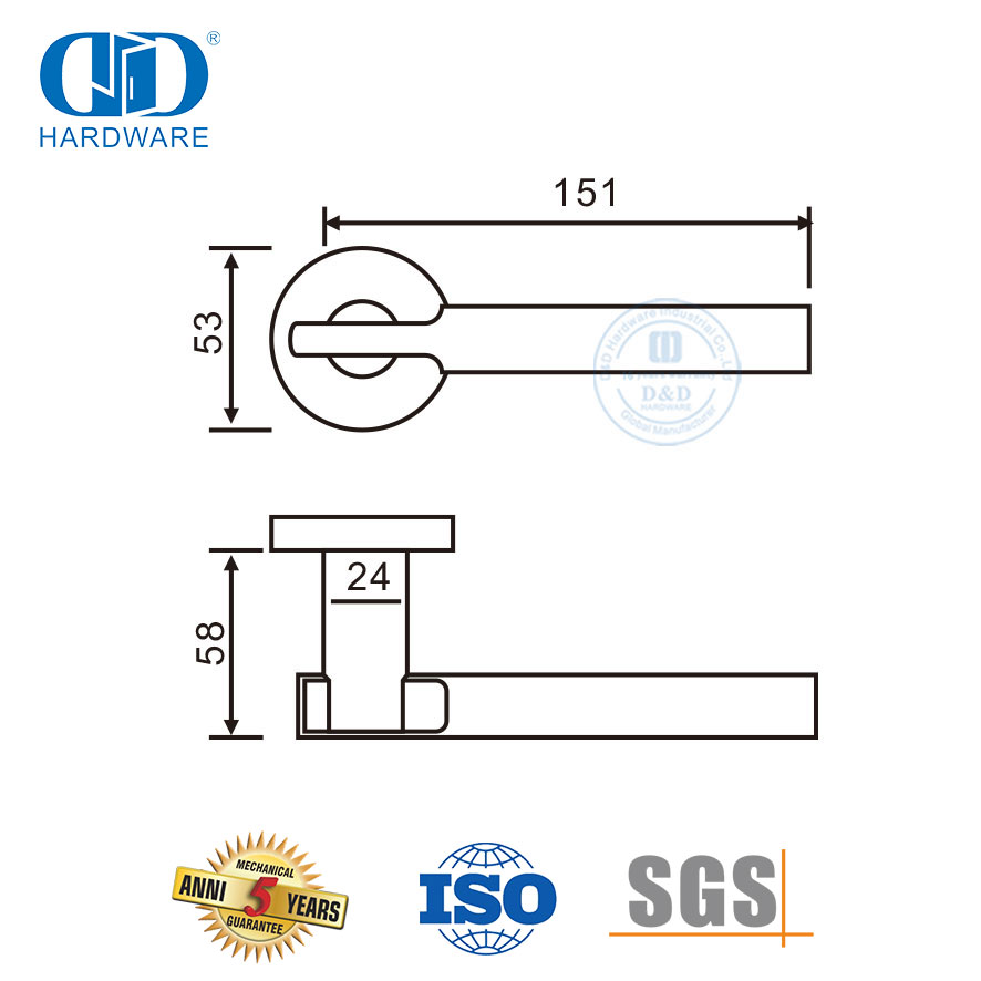 Alça de alavanca sólida para porta de entrada com roseta redonda externa de alta segurança-DDSH046-SSS