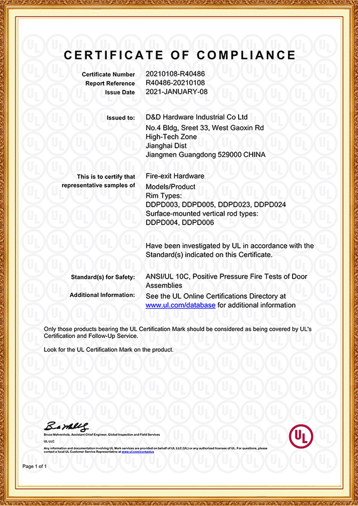 Hardware de sa&iacute;da de inc&ecirc;ndio listado pela UL R40486