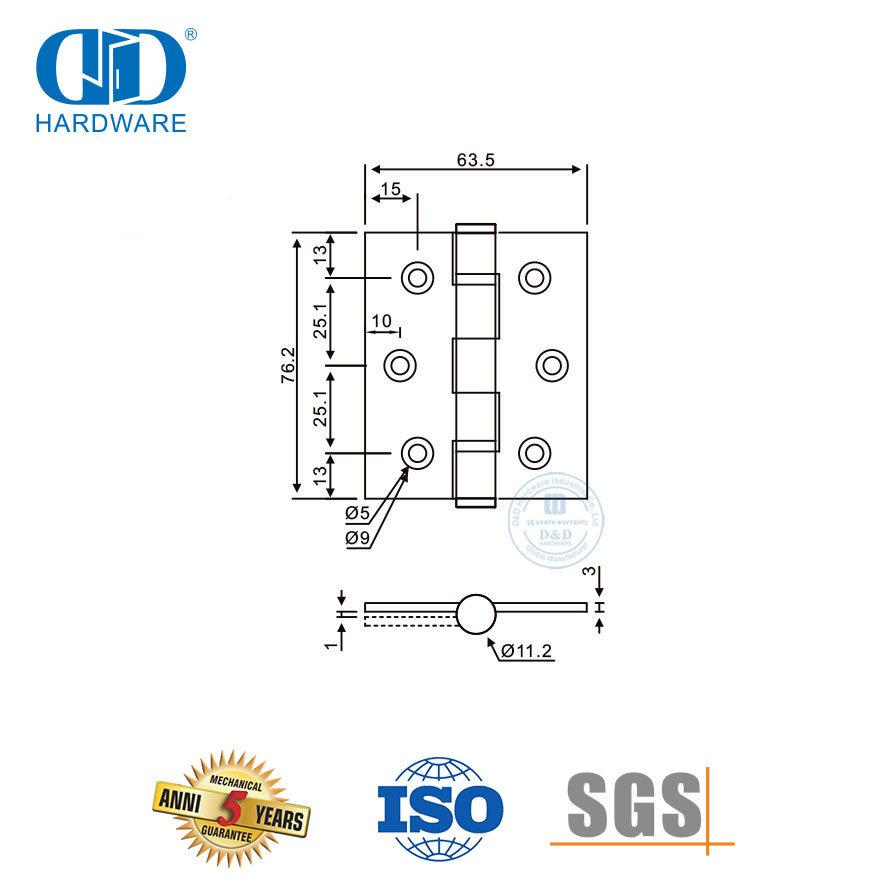 Dobradiça de porta com arruela de ponta plana com rolamento de esferas duplo de aço inoxidável-DDSS048-B