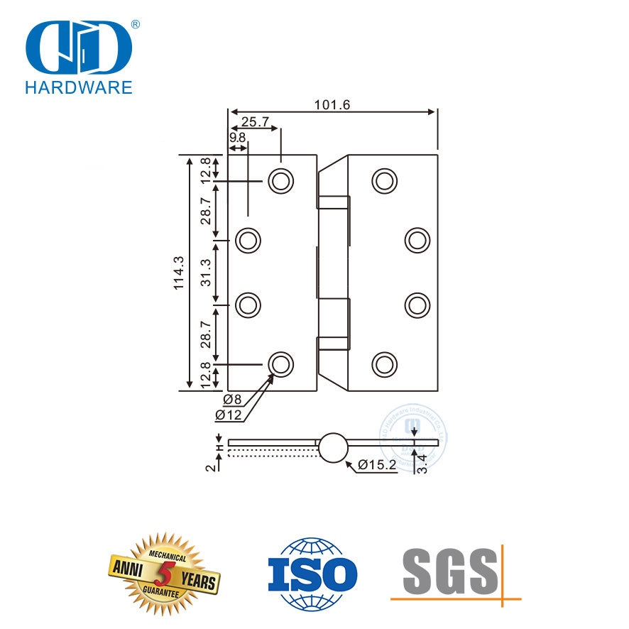 Dobradiça de porta de ponta hospitalar durável de aço inoxidável para projeto de saúde-DDSS044-B-4x3x3.0mm