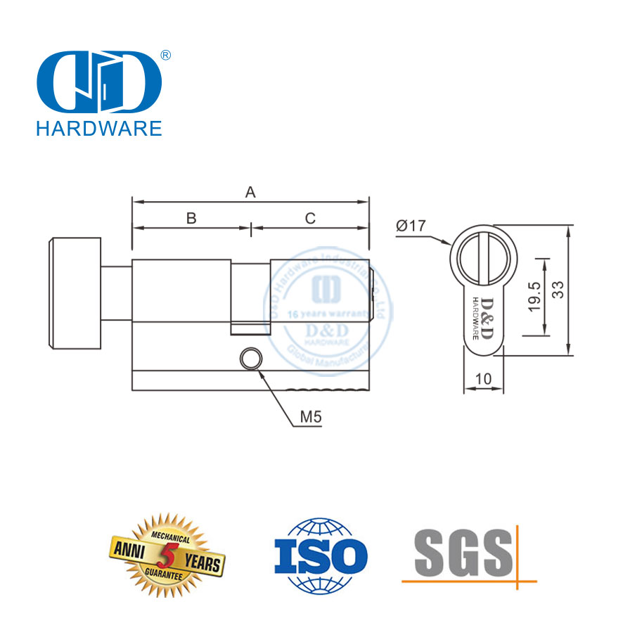 Cilindro de porta de banheiro EN 1303 com acabamento em níquel acetinado de qualidade em latão sólido-DDLC007-70mm-SN