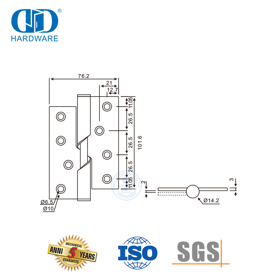 Fabricante de dobradiça de porta de metal de aço inoxidável com duas juntas na China Dobradiça ascendente-DDSS016