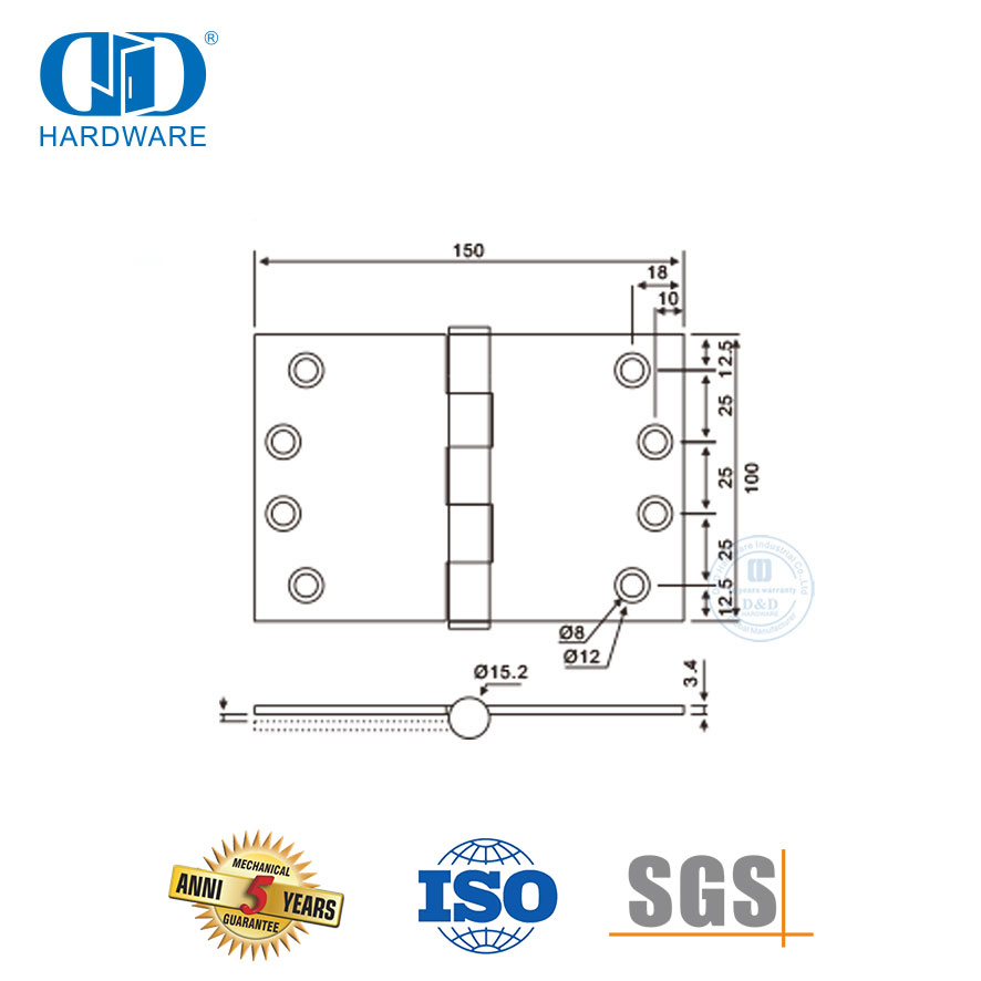 Hardware de porta externa de aço inoxidável Dobradiça de porta tipo grande e larga-DDSS049-100x200x3,4mm