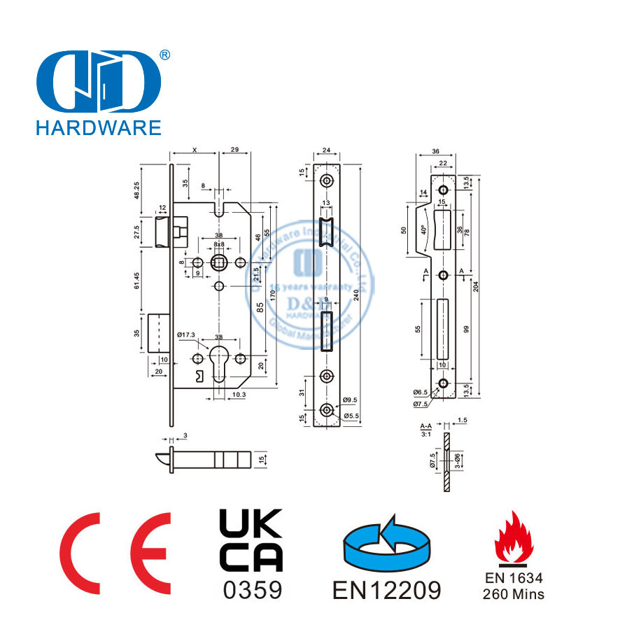 CE EN 12209 Fechadura de faixa de porta com fechadura de dupla volta com classificação de fogo-DDML026-4585-SSS