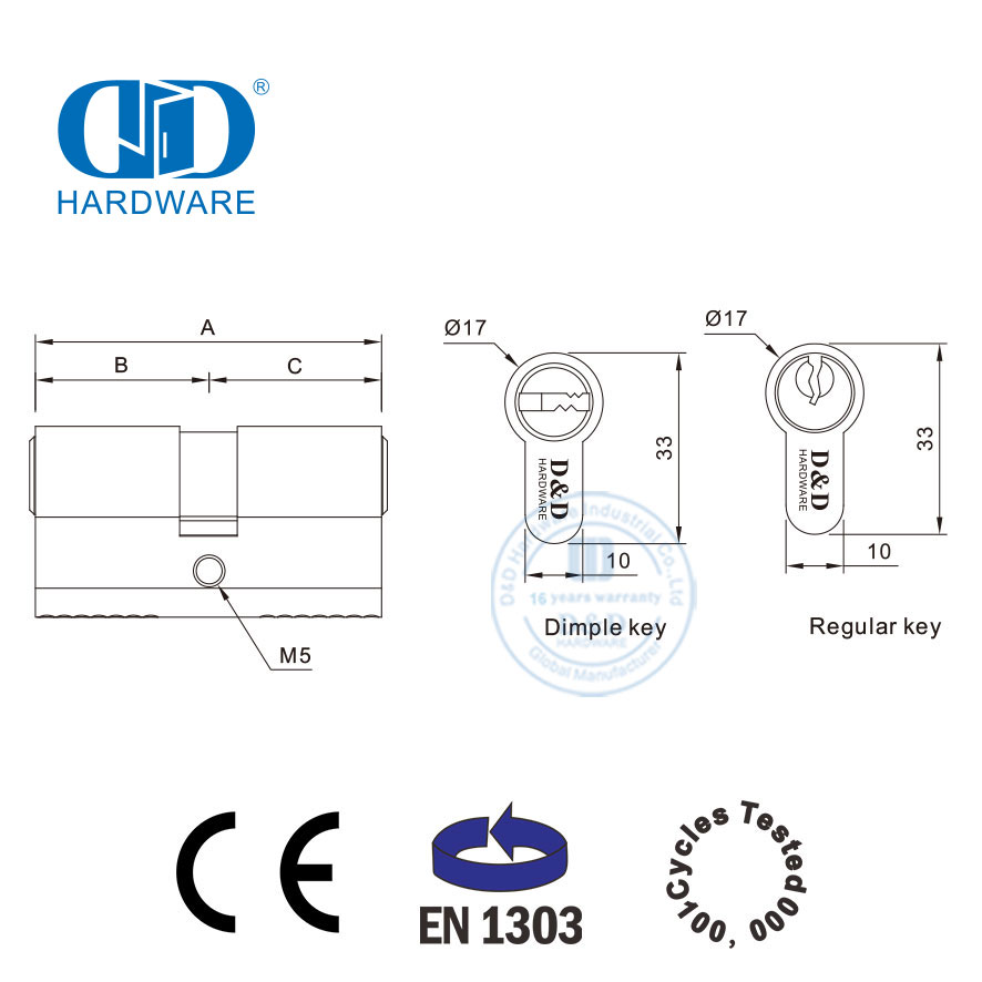 BS EN1303 Cetim Níquel Latão Sólido Euro Lock Cylinder-DDLC003-70mm-SN