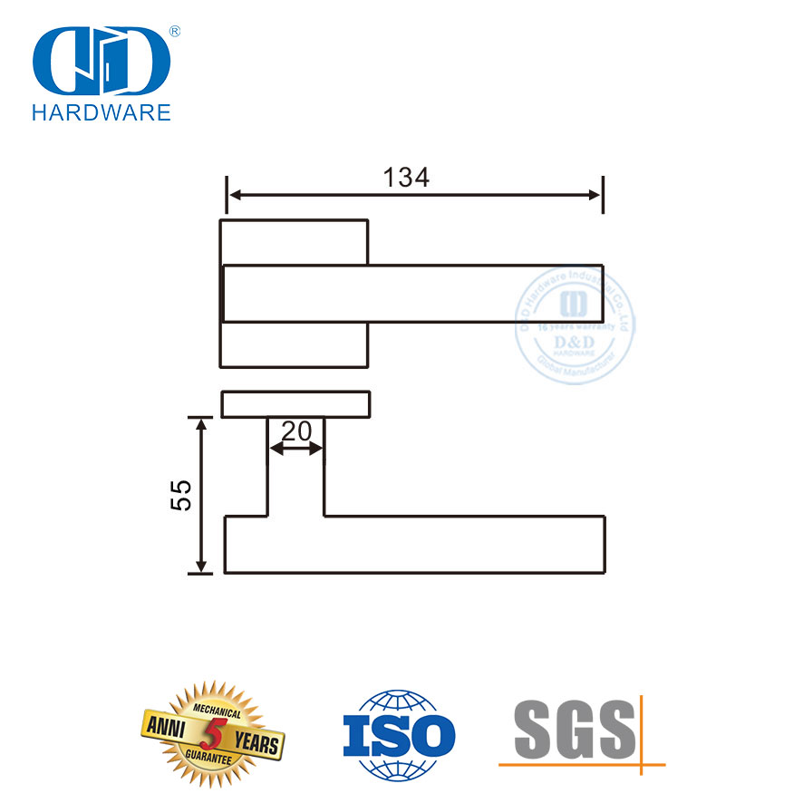 Alça de alavanca Soid quadrada em forma de T SUS 304 T para escritório Building-DDSH053-SSS