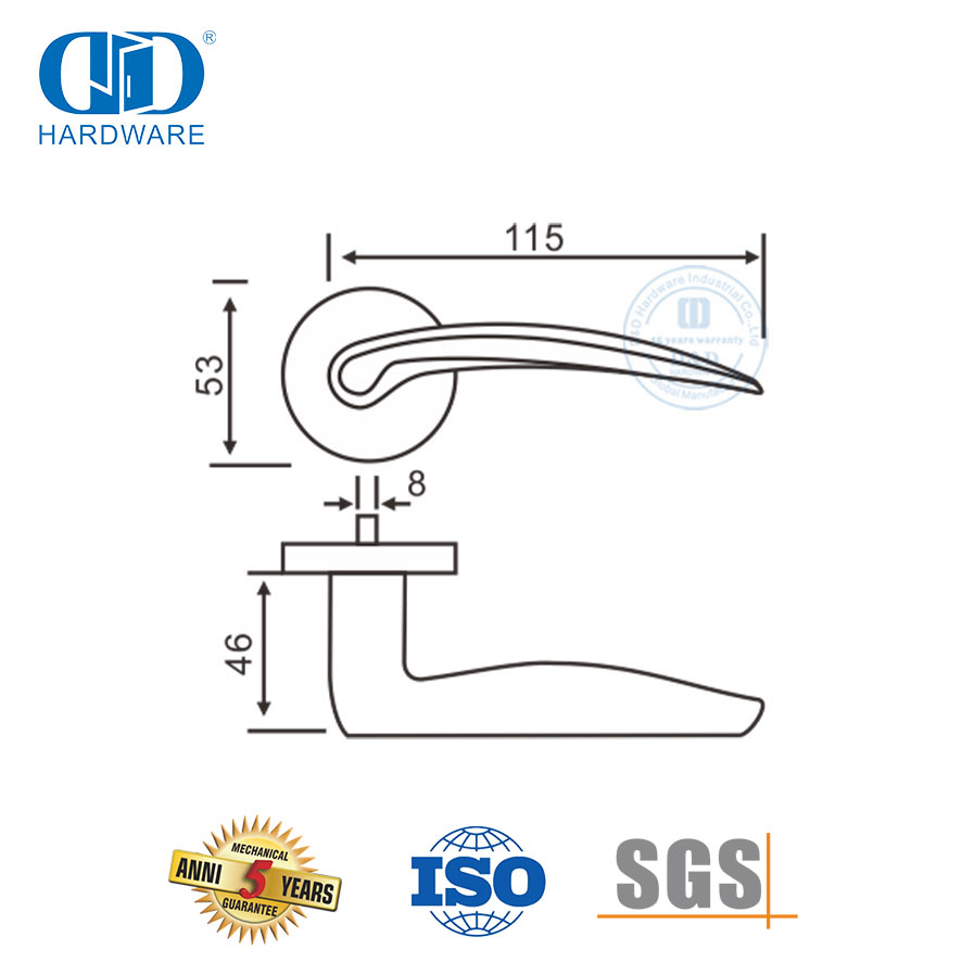Maçaneta de porta com alavanca sólida tipo curva de design simples de alto padrão-DDSH027-SSS
