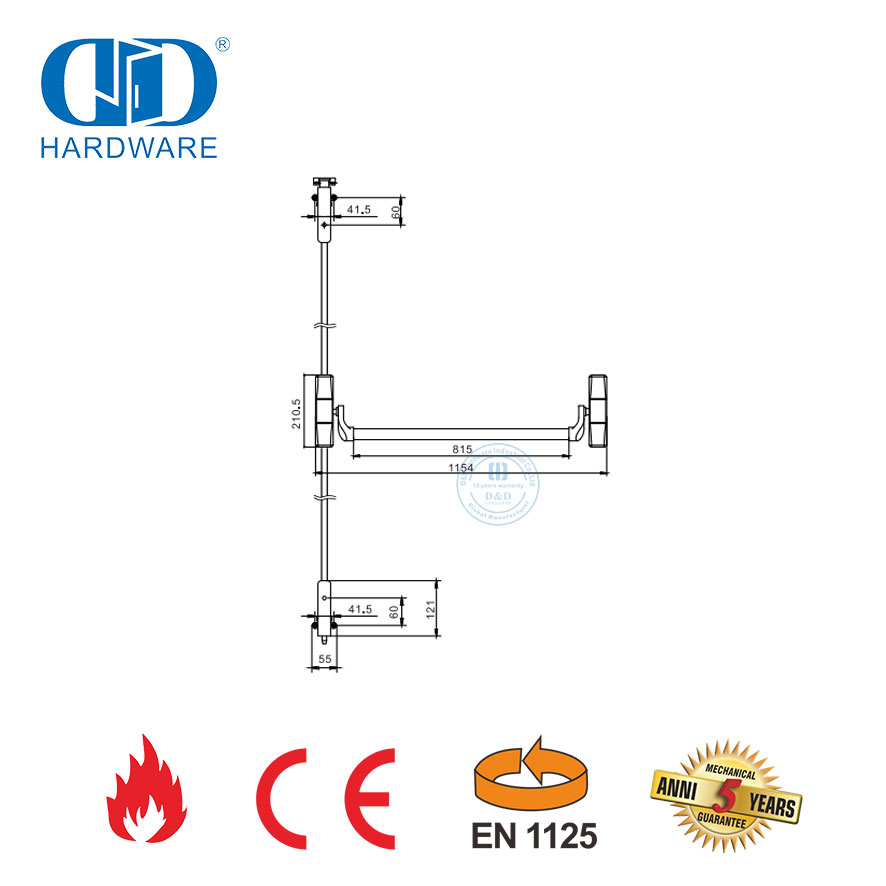 Dispositivo de saída de pânico de resistência a fogo CE de aço inoxidável de alta segurança com bloqueio de haste de pressão para saída de emergência Metal Door-DDPD048-CE