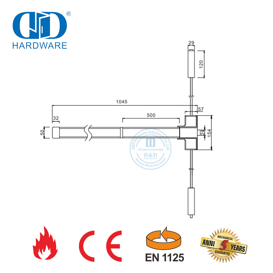 Barra antipânico de aço inoxidável ce en1125, porta de saída à prova de fogo, barra de pressão para emergência comercial de madeira Door-DDPD049-CE