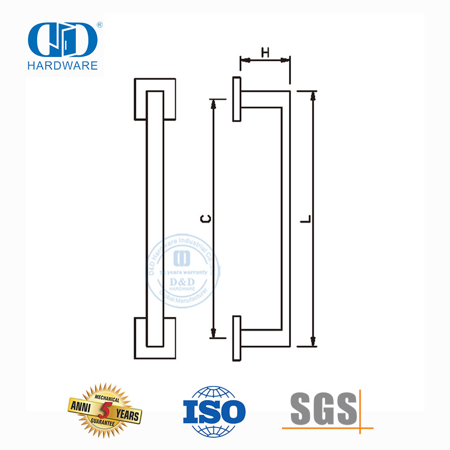 Punho quadrado de aço inoxidável com acabamento acetinado, puxador de lado único para portas de metal de vidro comercial-DDPH035