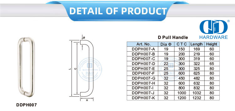 Maçanetas de porta de vidro para aplicação comercial de aço inoxidável D Pull Handle-DDPH007