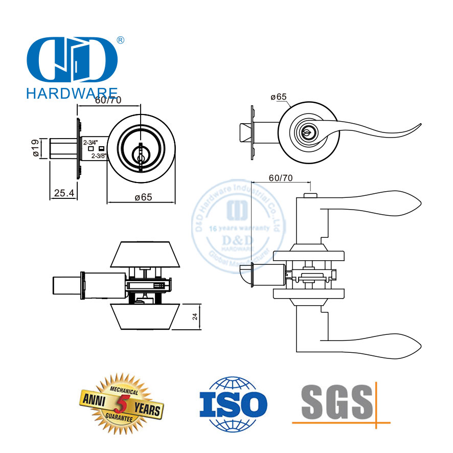 Universial reversível lidar com alavanca único cilindro deadbolt latão ajustável pacote combo lockable botão lockset para interior Door-DDLK026