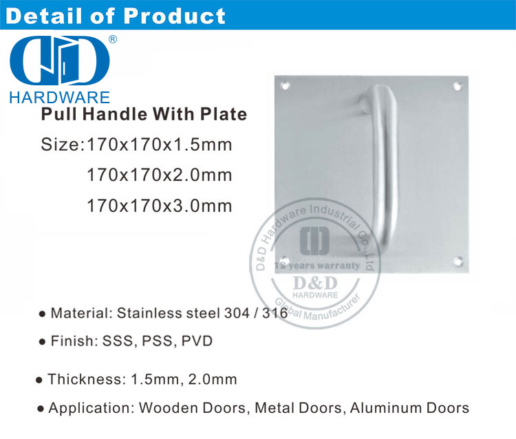 Alavanca de placa de sinal de ferragem de porta de aço inoxidável alça de porta de metal exterior comercial Handle-DDPH021