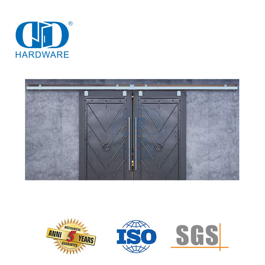 Hardware de porta de bolso de aço inoxidável montado na parede corrediça dupla resistente kit de engrenagem de rolo de porta de celeiro-DDBD039