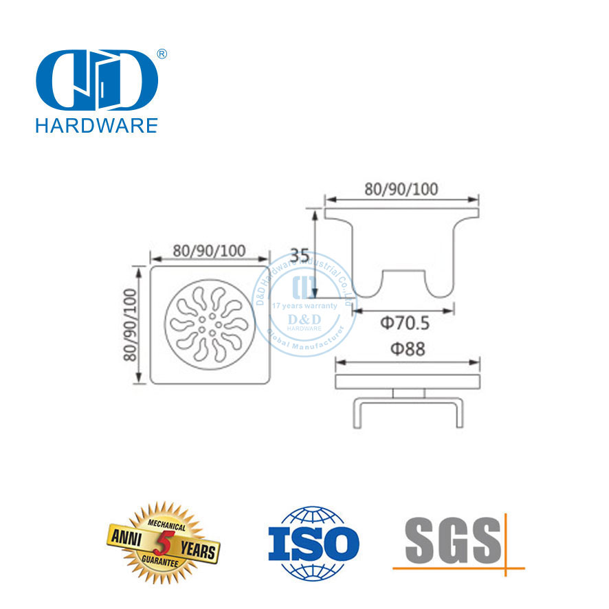 Dreno de piso sanitário de aço inoxidável de alta qualidade Dreno de piso quadrado Banheiro Hardware-DDFD006
