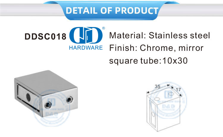 Acessório de porta de vidro de banheiro de aço inoxidável, cubículos de chuveiro comercial, porta de vidro Connector-DDSC018