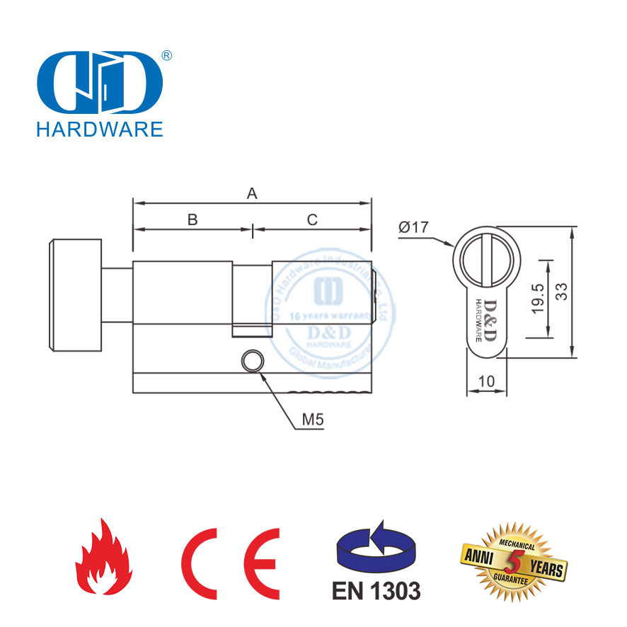 Cilindro de fechadura de encaixe para banheiro de latão acetinado com certificação EN 1303-DDLC007-70mm-SB