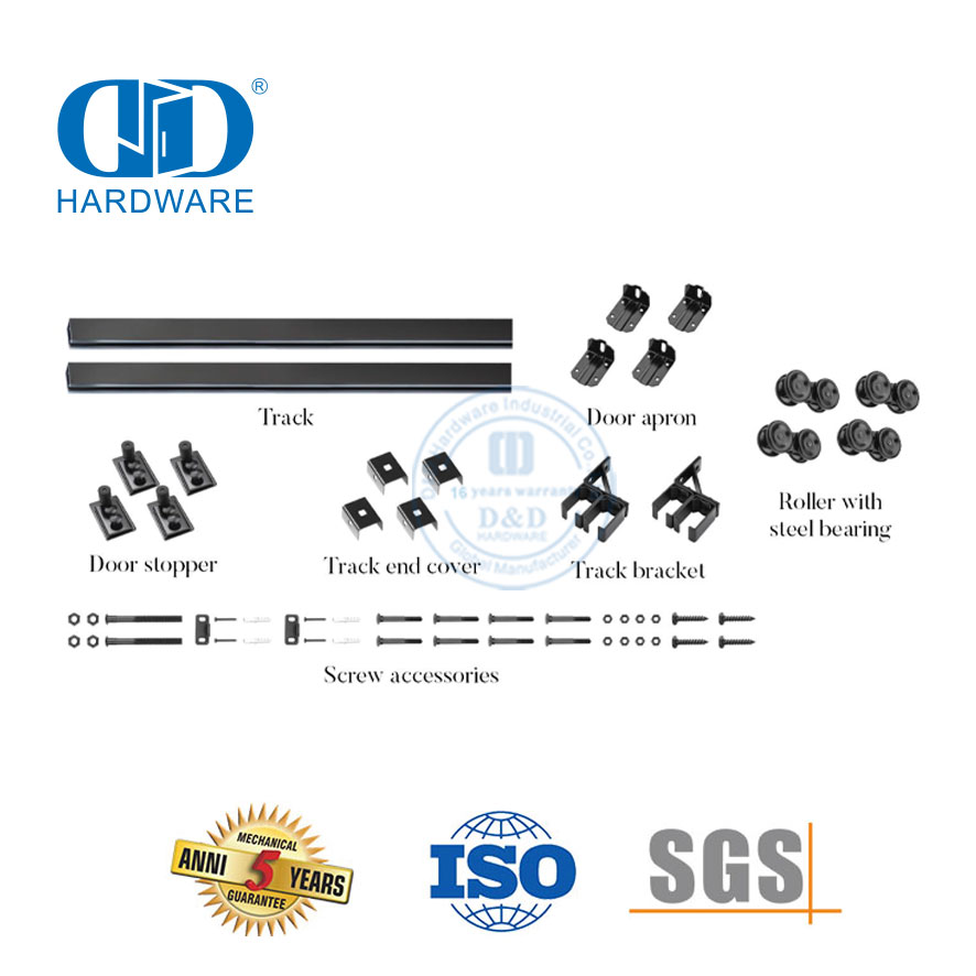 Hardware de porta durável resistente personalizado de aço inoxidável trilho preto porta de celeiro deslizante Hardware-DDBD042