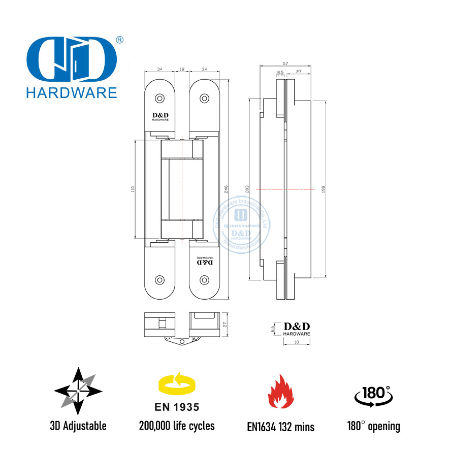 Dobradiça de porta oculta ajustável EN1935 de 120 kg para porta de metal com classificação de fogo-DDCH008-G120