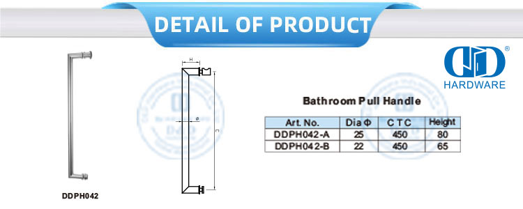 Maçaneta de banheiro de aço inoxidável, acessório de porta de vidro de lado único, puxador de porta de banheiro-DDPH042