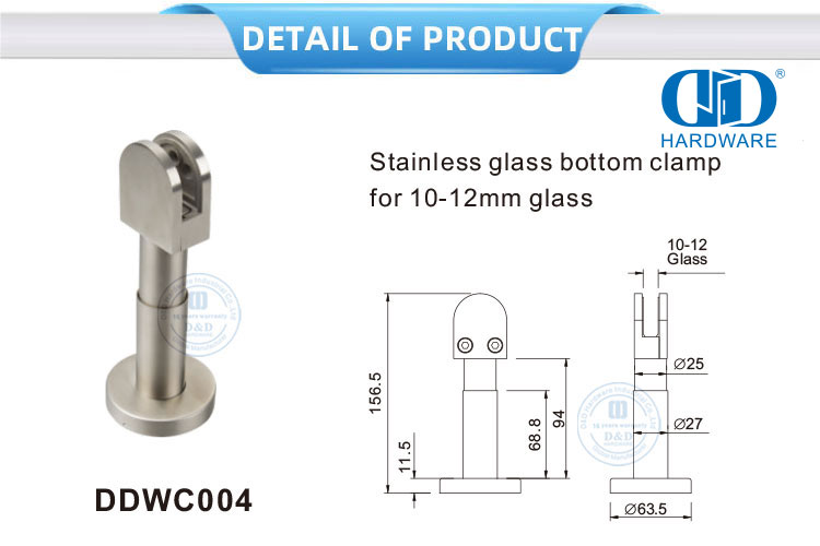 Acessório de hardware de aço inoxidável, clipe de vidro cromado para chuveiro, montagem de remendo, braçadeira inferior do conector de vidro para banheiro-DDWC004