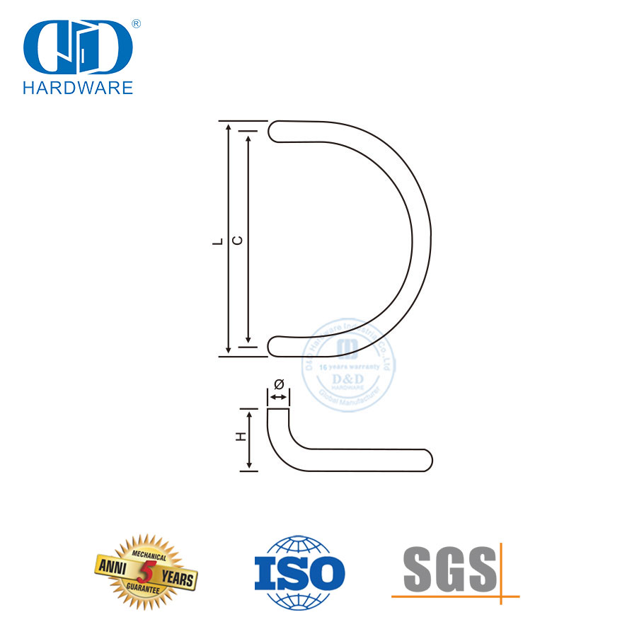 Puxador de aço inoxidável prateado tipo D de volta para trás para porta principal de vidro Hardware-DDPH006