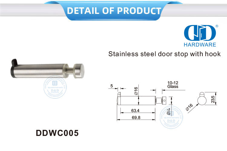 Hardware de aço inoxidável para banheiro, braçadeira de vidro, parada de porta de vidro com gancho-DDWC005