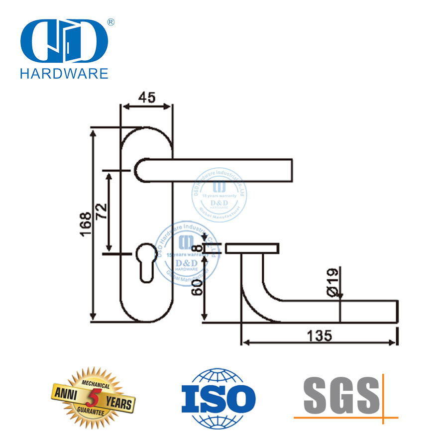 Alça de alavanca interna de aço inoxidável de alta qualidade com placa para portas de metal-DDTP008