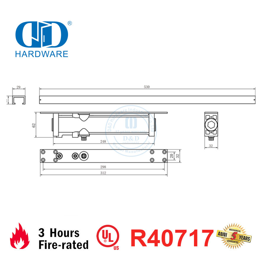 Hardware de construção listado na UL, resistência ao fogo, superfície de alumínio, mola montada, saídas hidráulicas deslizantes, porta de passagem mais próxima-DDDC054