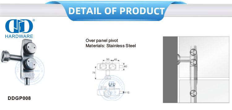 Os sistemas de pivô de porta de vidro de aço inoxidável curvam a parte superior sobre o painel de pivô de vidro Fittings-DDGP008