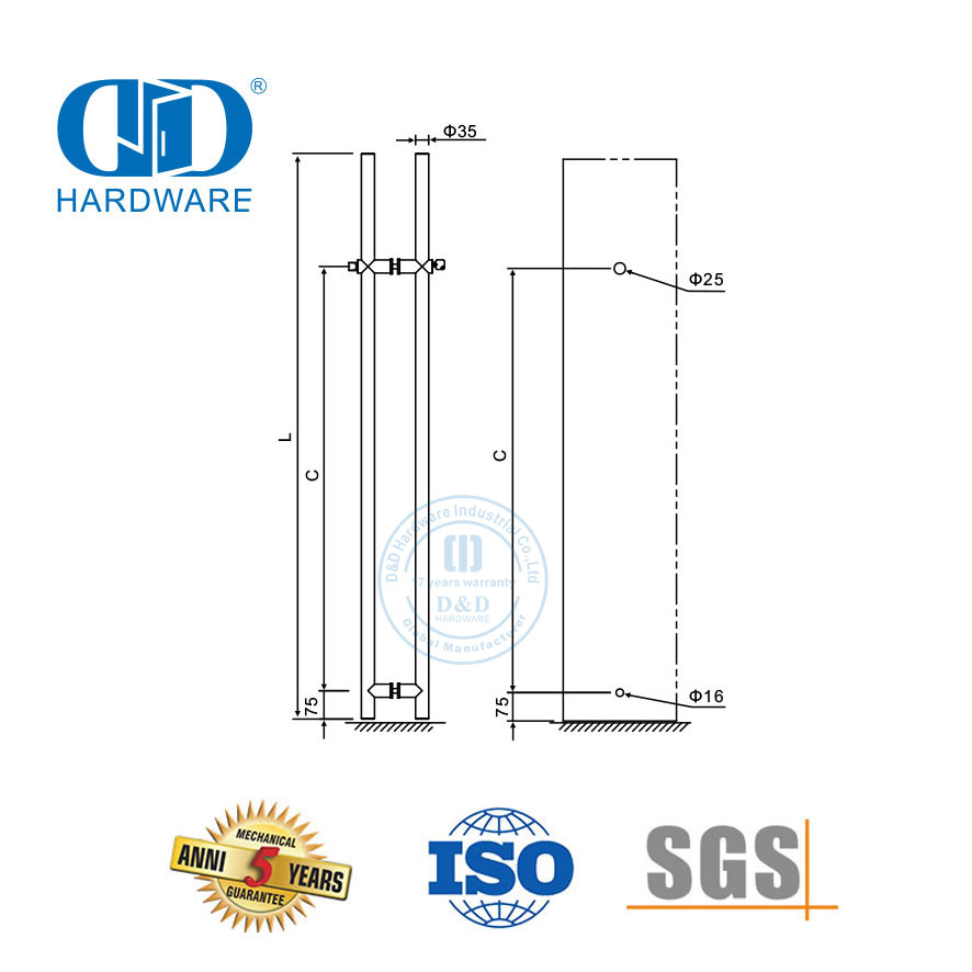 Longa dupla face de aço inoxidável acessórios de ferragem de vidro porta de vidro fechaduras de travamento puxar alça com schlage Lock-DDPH039