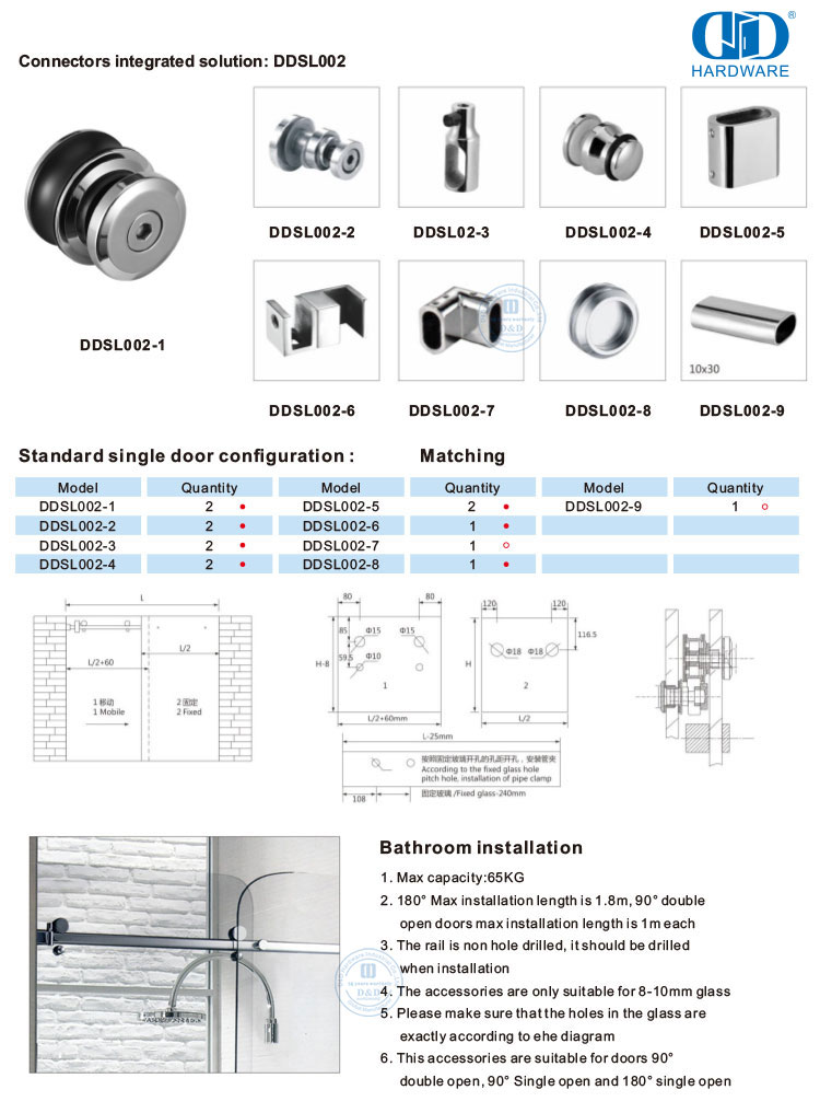 Aço inoxidável porta deslizante ferragem chuveiro porta de vidro corrimão tubo conector porta Hardware-DDSL002-9