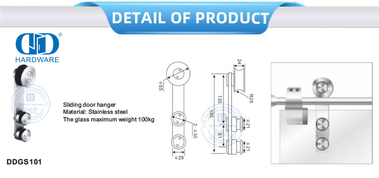 Rolo de porta de chuveiro de aço inoxidável de fábrica, hardware de vidro para porta deslizante para banheiro-DDGS101