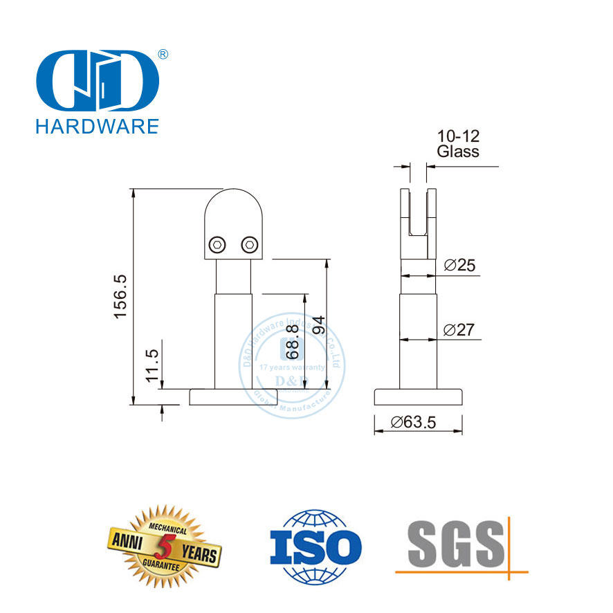 Acessório de hardware de aço inoxidável, clipe de vidro cromado para chuveiro, montagem de remendo, braçadeira inferior do conector de vidro para banheiro-DDWC004